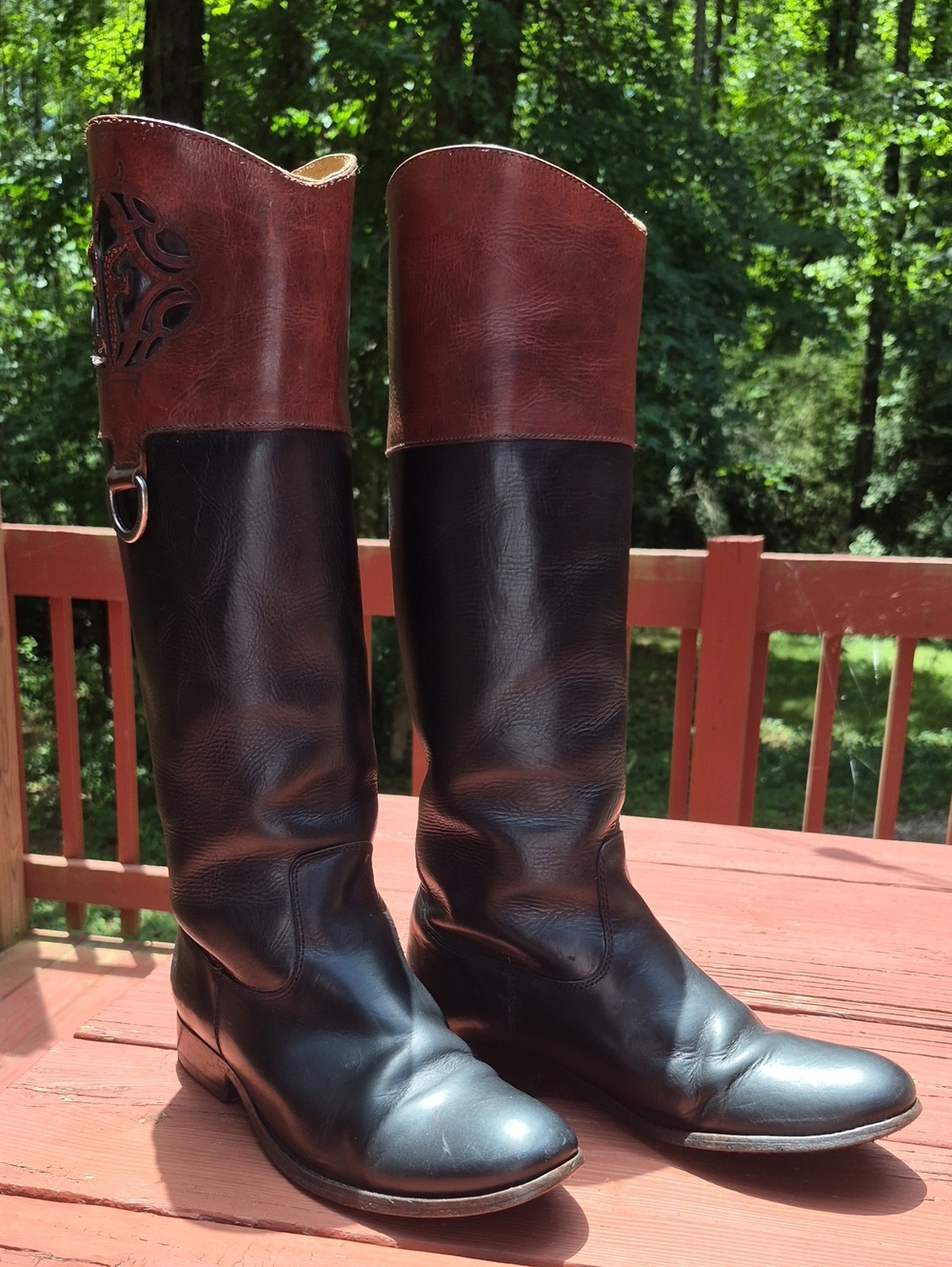 Frye Two-Tone Black and Brown Tall Leather Riding Boots 8.5
